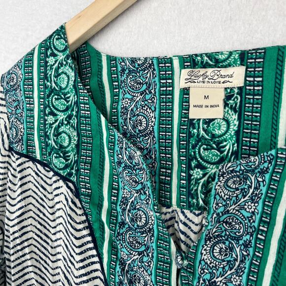 LUCKY BRAND Blouse M Paisley Chevron Peasant Boho 3/4 Sleeve Notch Cotton Green - Picture 6 of 15